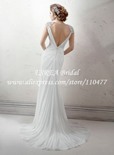 Beaing Cap Sleeve Charming Sheath Chiffon Beach Wedding Dress 2014 Sexy MH874 Deep V Neck Back