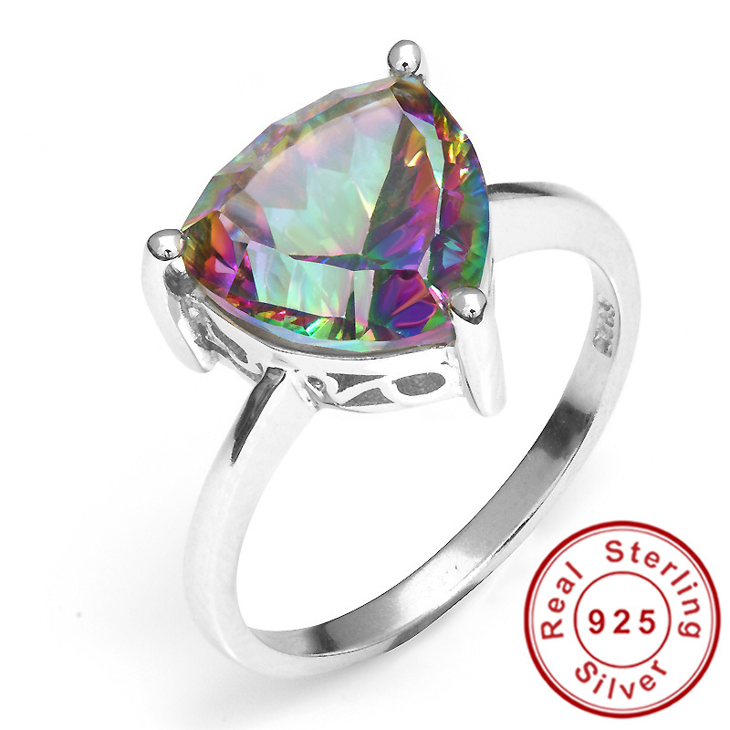 Triangle 4ct Genuine Rainbow Fire Mystic Topaz Solid 925 Sterling Silver Engagement Ring Sets Vintage Jewelry