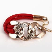 2014 Hot Sale New Style Fashion Gold Chain Female Three Circle Leather Bracelets Cheap Exquisite Bracelets