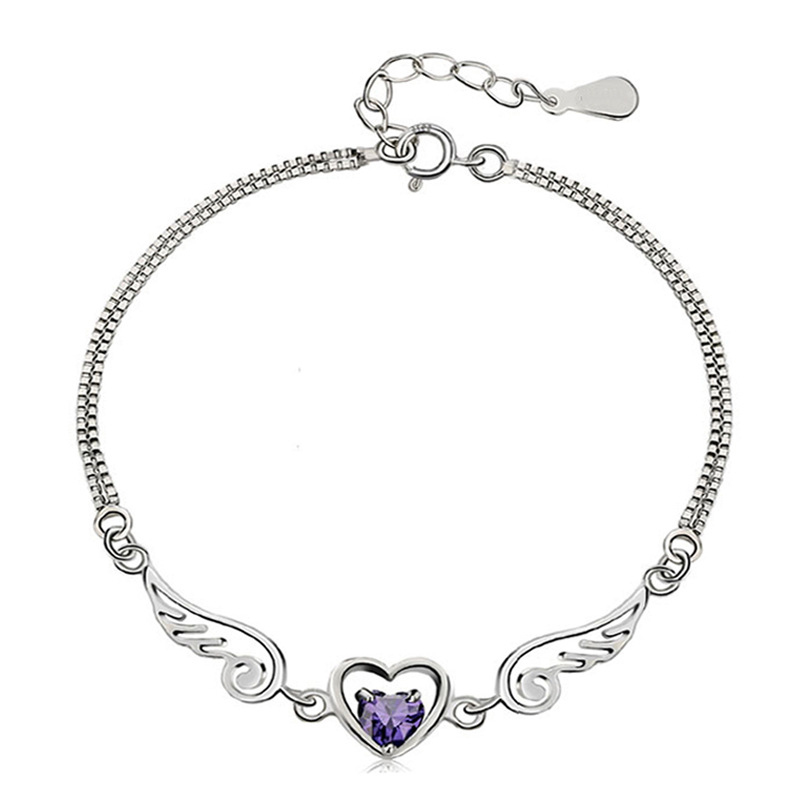 2014 New Fashion Jewelry Genuine 925 Sterling Silver AAA Grade Purple White Crystal Amgel Wings Chain