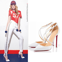 Free shipping 2014 New black white cross strap close pointed toe women pumps sandals women s