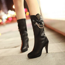 Women High Fashion Boots Bowtie and Chains PU 2 Color Ladies Thin Heels Shoes Spring and