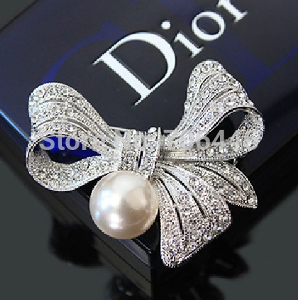 2 Inch Silver Plated Stylish Design Large Bow Brooch with Clear Rhinestones and Ivory Pearl