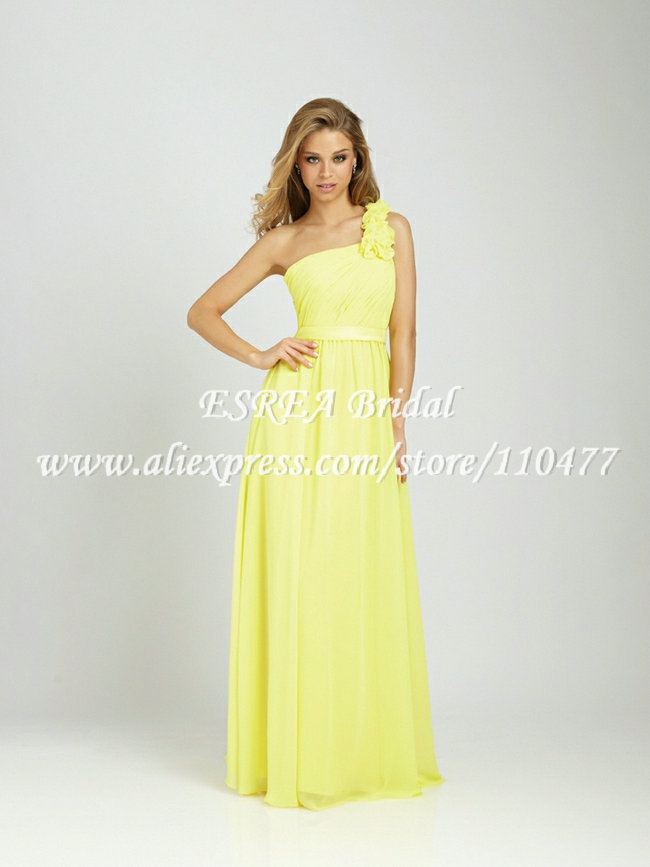 Pleated Chiffon Modest One Shoulder Long Yellow Bridesmaid Dress Gown MG721 Wedding Party Dress
