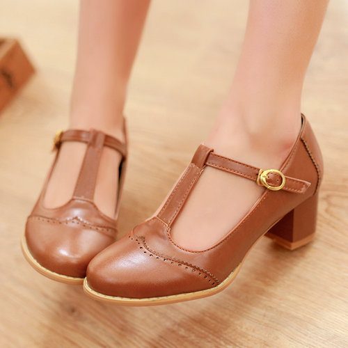 2014 Ladies Big Size Buckle Strap Fashion New Style Shoes PU T Strap Women Sexy Pumps