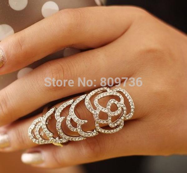 New Beautiful Fashion Silver Gold Tone Flower Rhinestone Joint Armor Knuckle Crystal Ring 7 Women Jewelry