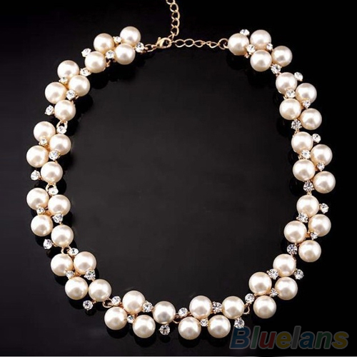 Women s Fashion Shiny Alloy Golden Rhinestone Faux Pearl Beads Necklace Jewelry 1OM3