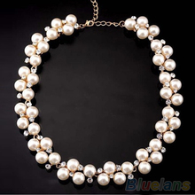 Women’s Fashion Shiny Alloy Golden Rhinestone Faux Pearl Beads Necklace Jewelry