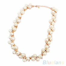 Women s Fashion Shiny Alloy Golden Rhinestone Faux Pearl Beads Necklace Jewelry 1OM3