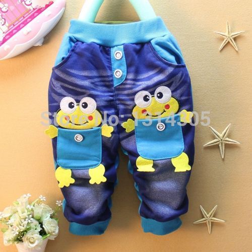2015 Lovely Kids Girls Boys Toddlers Denim Jeans Pants Trousers Blue Red Frogs Pocket Baby Pants