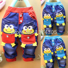 2015 Lovely Kids Girls Boys Toddlers Denim Jeans Pants Trousers Blue Red Frogs Pocket Baby Pants