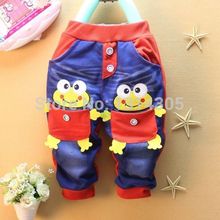 2015 Lovely Kids Girls Boys Toddlers Denim Jeans Pants Trousers Blue Red Frogs Pocket Baby Pants