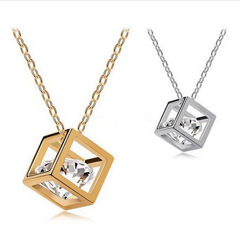 New Arrival Fashion Romantic Austrian Crystal Cube Pendant Necklace Silver Gold Plated Wholesale E shine Jewelry