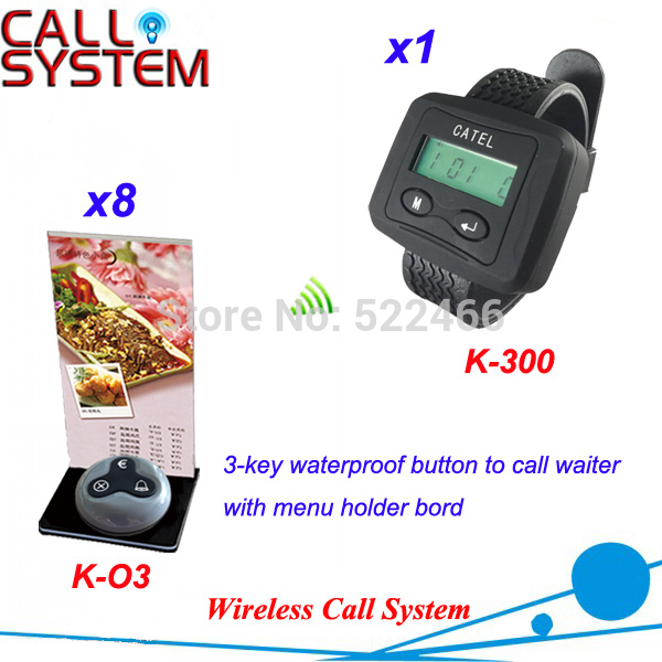 Wireless Call Pager System for restaurant service in 433 92MHz with 8 table buttons and 1