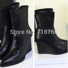new 2014 pointed 9cm high wedge heel mid calf boots handsome Martin boots women genuine leather shoes woman zip boot