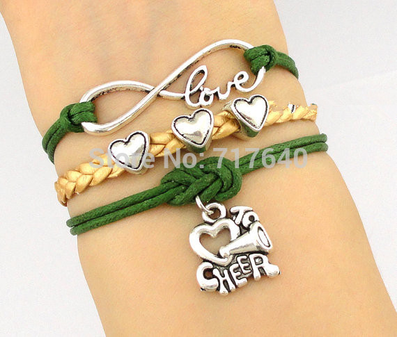 Infinity Love Infinity wish I love to Cheer Cheer Cheerleading Megaphone heart charm bracelet Free Shipping