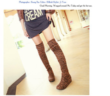 New Autumn Winter women Elastic knee boots solid Leopard Flat heel Height Increase Nightclub Sexy long