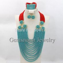 Amazing New Turquoise Nigerian Wedding Beads Jewelry Set African Style Full Beads Jewelry Sets Hot Free