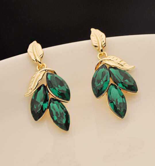 Luxurious Korean 18KG Plated Exquiste Emerald Crystal Leaf Stud Earrings E2706