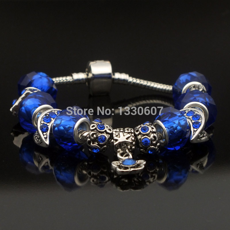 DIY Jewelry Fashion Blue Color Snake Chain Charm Women Bracelets Bangles Fit with European Pandora Crystal