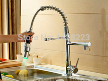 New Deck mounted LED Spring Chrome Brass pull out Kitchen Faucet Sink Mixer Tap