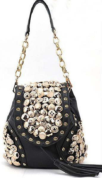 New Fashion Women PU Handbag Vintage Rhinestone Chain Bag Lady Bucket Shoulder Bag Casual Tassel Messenger