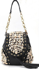 New Fashion Women PU Handbag Vintage Rhinestone Chain Bag Lady Bucket Shoulder Bag Casual Tassel Messenger