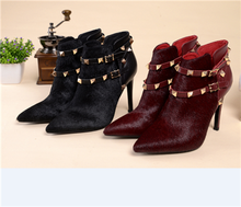 2014 autumn winter women anckle boots genuine leather fashion cowhide horsehair pointed toe high-heeled boots rivet boots red