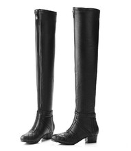 free shipping 2014 winter women fashion designer brand elastic genuine leather plaid over the knee boots