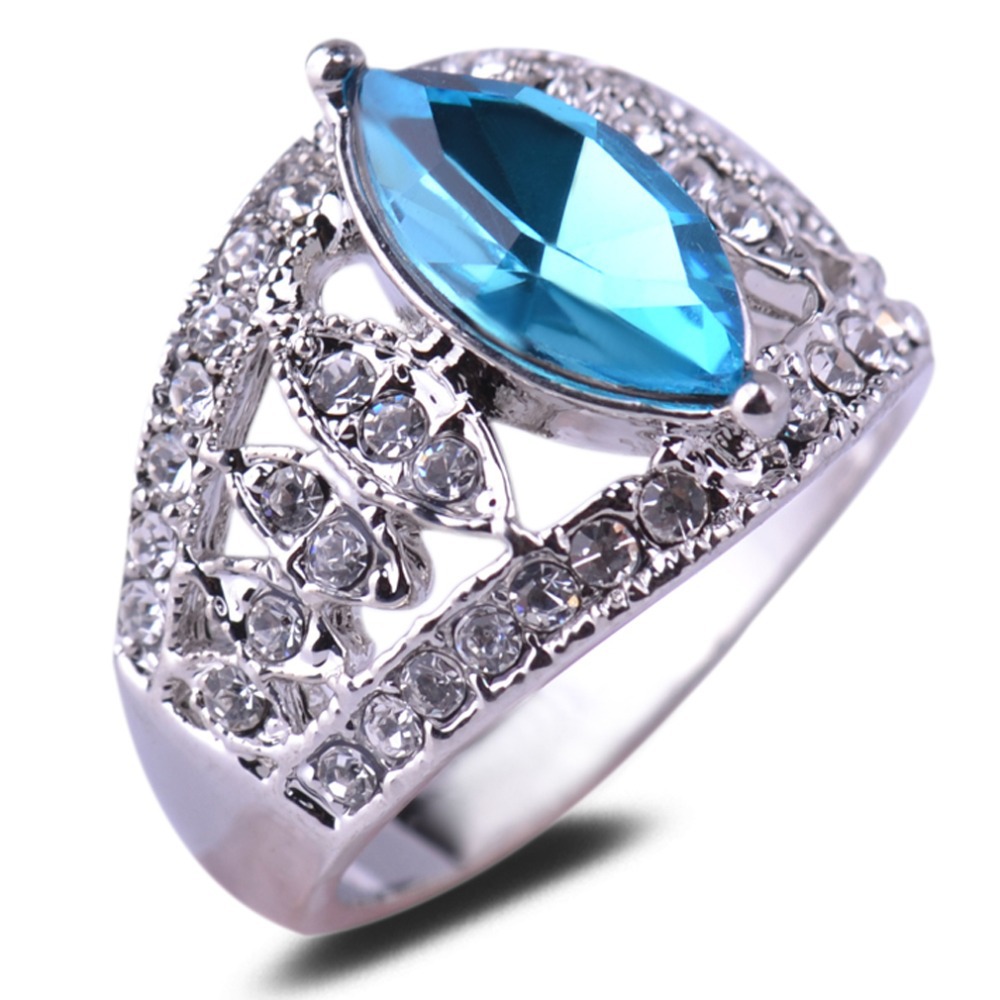 Full Diamante Rhinestone Silver Plated Jewelry Cut Blue Crystal Women Party Ring