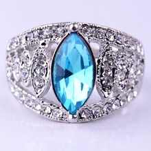 Full Diamante Rhinestone Silver Plated Jewelry Cut Blue Crystal Women Party Ring