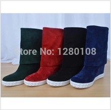 2014 autumn and winter women mid calf boots height increasing boots wedges flat boots genuine leather black blue green red