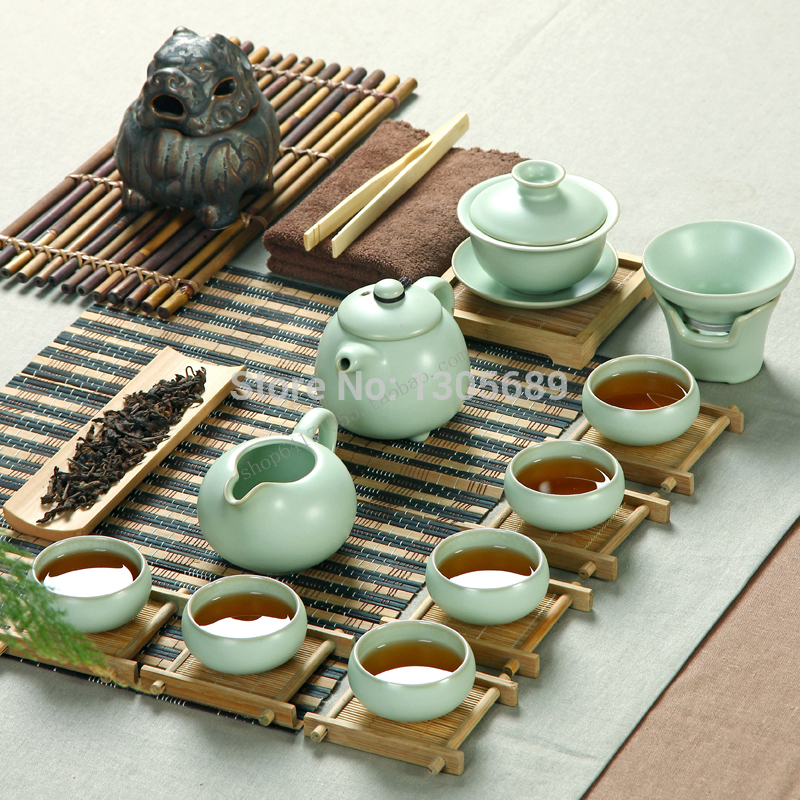 11pcs Chinese ruyao tea set ceramic tea pot gaiwan tea cup filter net mantle folder kung