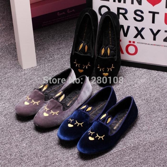 2014 autumn casual women genuine leather brand designer flats rabbit embroidery flats loafer black purple blue