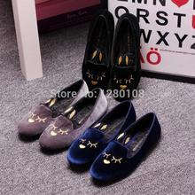 2014 autumn casual women genuine leather brand designer flats rabbit embroidery flats loafer black purple blue