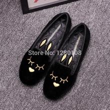 2014 autumn casual women genuine leather brand designer flats rabbit embroidery flats loafer black purple blue