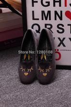 2014 autumn casual women genuine leather brand designer flats rabbit embroidery flats loafer black purple blue