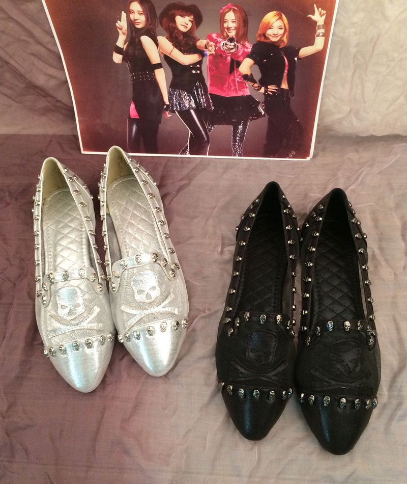 2014 summer women skull brief gauze pointed toe flats punk cheap shoes