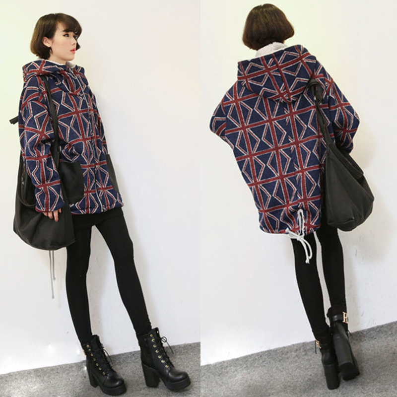 2014 Fashion Winter Autumn Trench Coat Women Fleece Hoodie Check Long Pattern Slouchy Oversized Cloak Jacket Warm Outwear