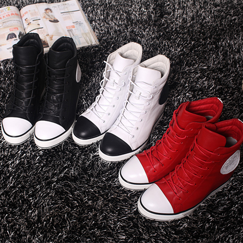 2014 Autumn women fashion brand designer genuine leather flat height increasing shoes casual sneaker ankle boots