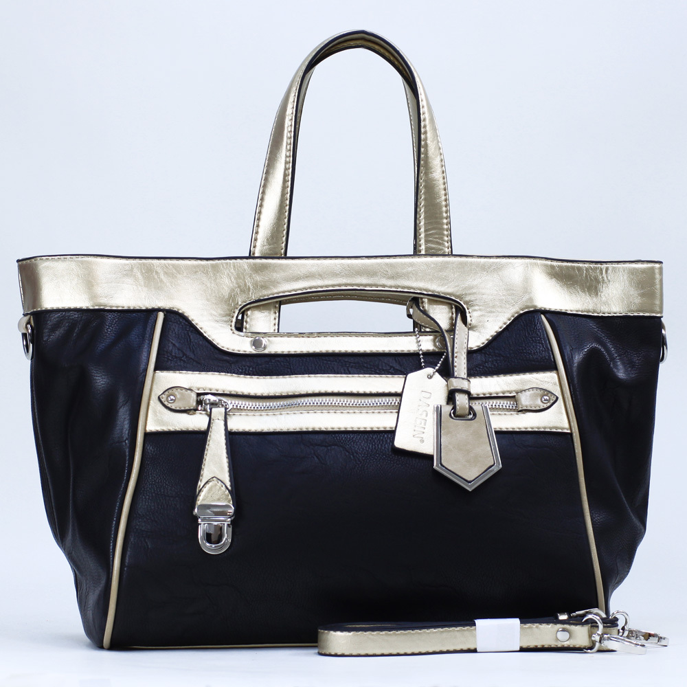 Women s Two tone Metallic Contrast Fashion Tote Bag w Bonus Strap Unique Front Zippered Pocket