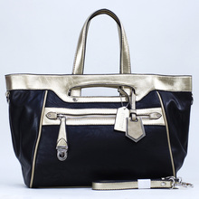 Women s Two tone Metallic Contrast Fashion Tote Bag w Bonus Strap Unique Front Zippered Pocket