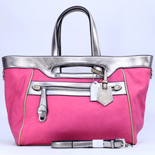 Women s Two tone Metallic Contrast Fashion Tote Bag w Bonus Strap Unique Front Zippered Pocket