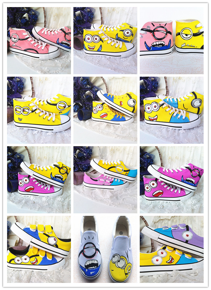 New Girls Fashion canvas shoes female hand painted shoes despicable me minions shoes couples asymmetric shoes