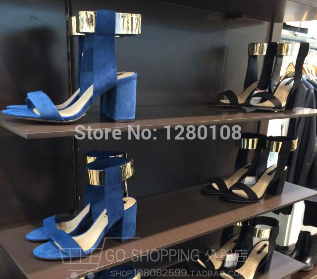2014 summer classic Fashion vintage black metal open toe cutout belt strap thick heel high heeled