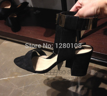 2014 summer classic Fashion vintage black metal open toe cutout belt strap thick heel high heeled