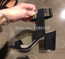 2014 summer classic Fashion vintage black metal open toe cutout belt strap thick heel high heeled