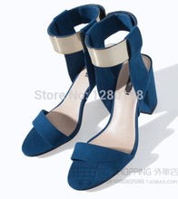 2014 summer classic Fashion vintage black metal open toe cutout belt strap thick heel high heeled