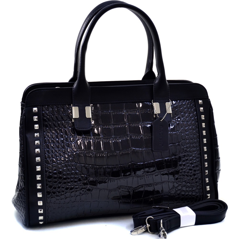 Women s Pyramid Studded Patent Croco Satchel