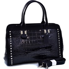 Women s Pyramid Studded Patent Croco Satchel